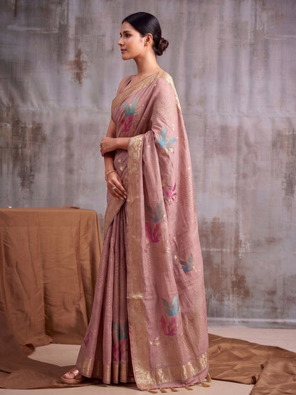Pink Linen Cotton Banarasi Saree | EZB SI04 SUFLE1003