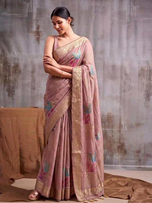 Pink Linen Cotton Banarasi Saree | EZB SI04 SUFLE1003