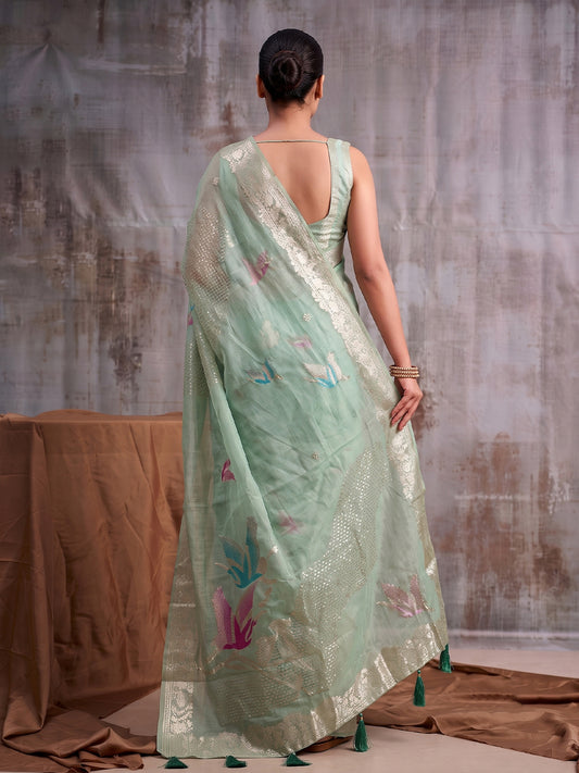 Green Linen Cotton Banarasi Saree | EZB SI04 SUFLE1004