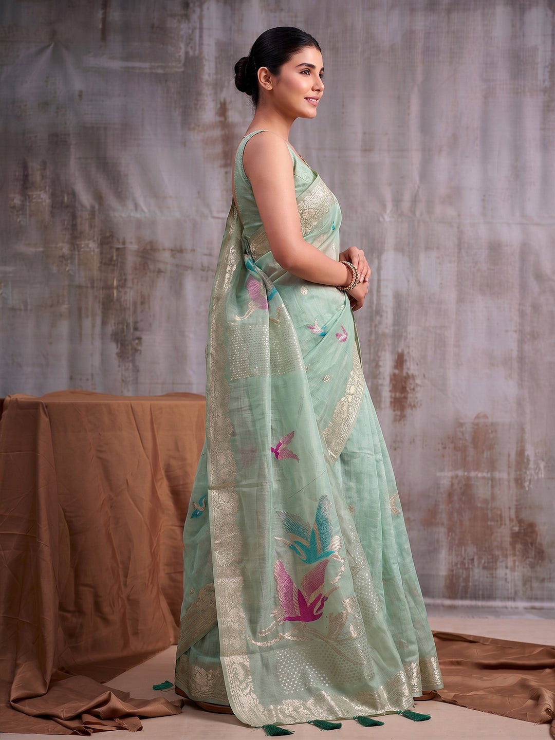 Green Linen Cotton Banarasi Saree | EZB SI04 SUFLE1004