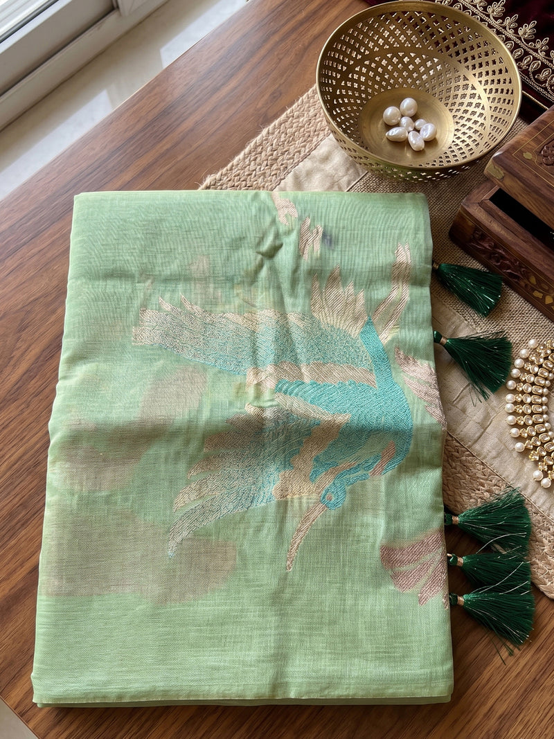 Green Linen Cotton Banarasi Saree | EZB SI04 SUFLE1004