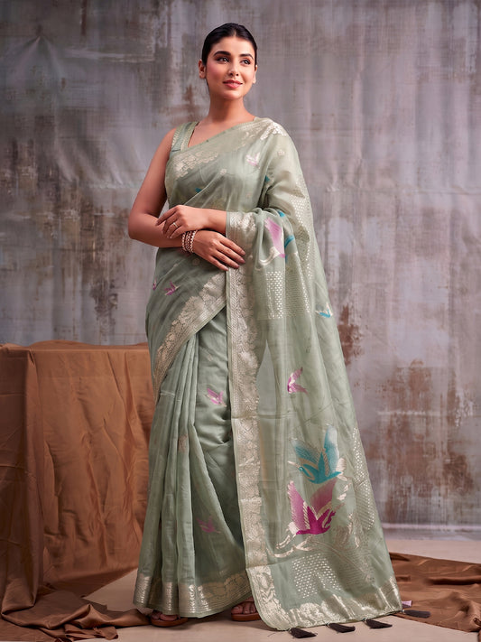 Green Linen Cotton Banarasi Saree | EZB SI04 SUFLE1004