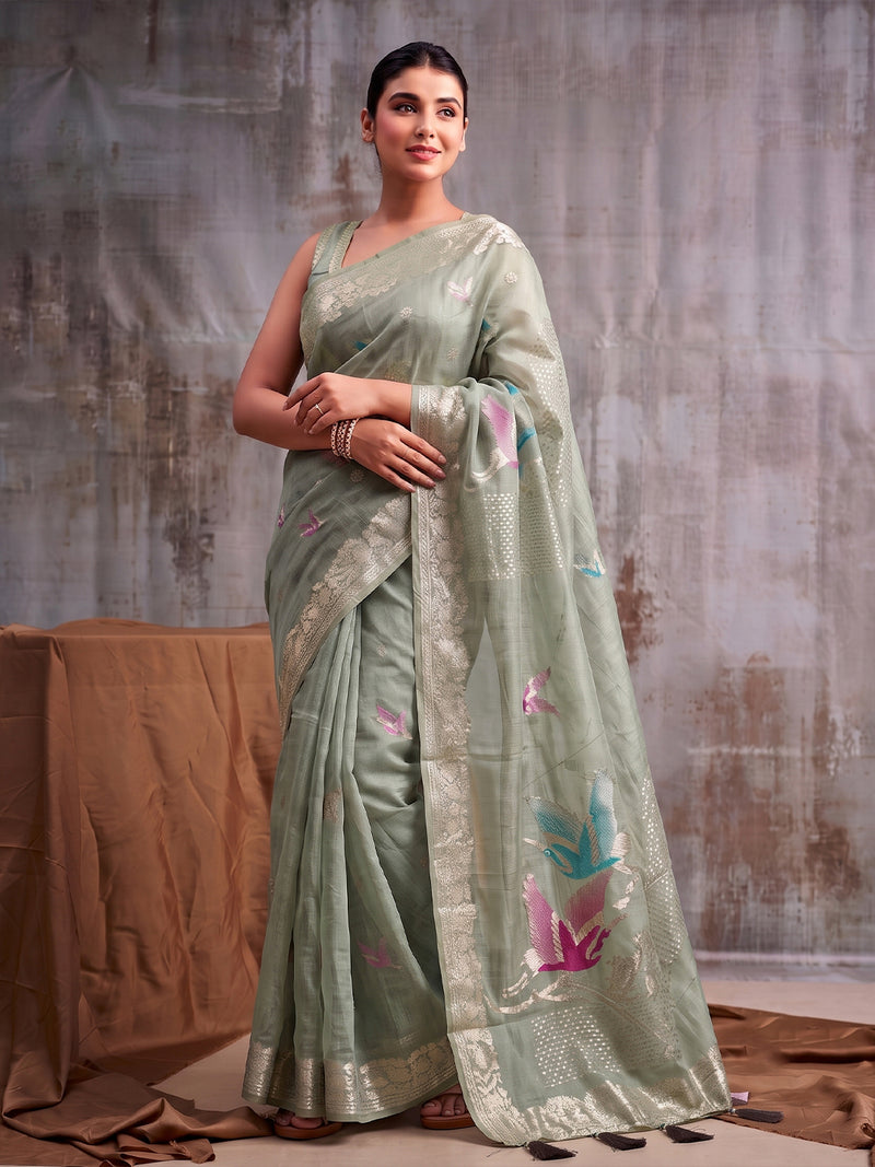 Green Linen Cotton Banarasi Saree | EZB SI04 SUFLE1004