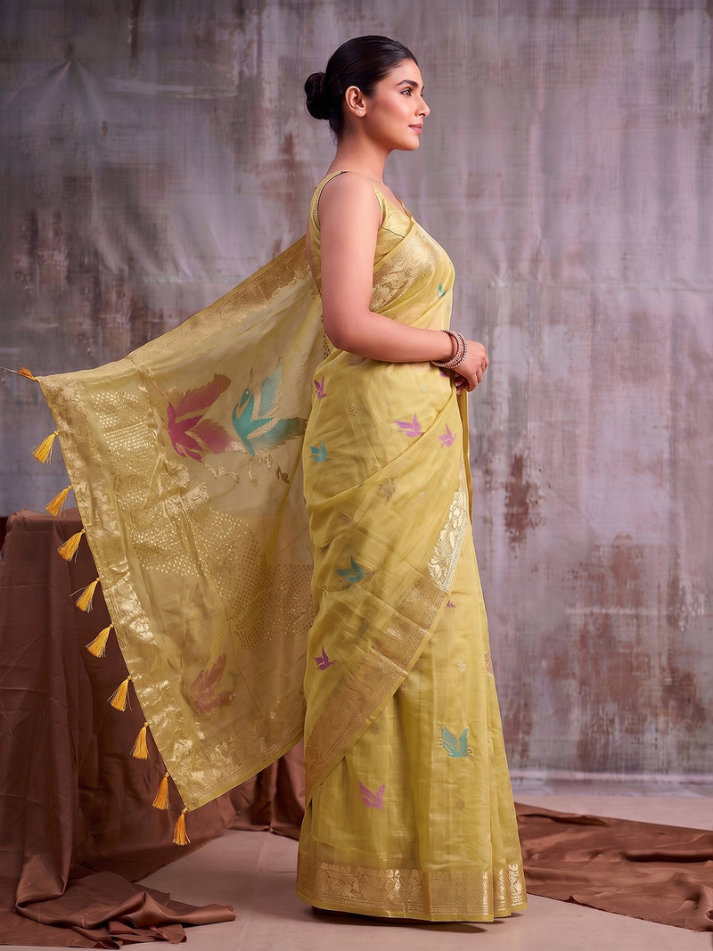Mustard Linen Cotton Banarasi Saree | EZB SI04 SUFLE1005
