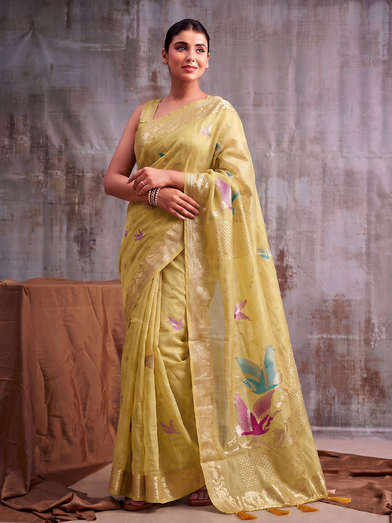 Mustard Linen Cotton Banarasi Saree | EZB SI04 SUFLE1005