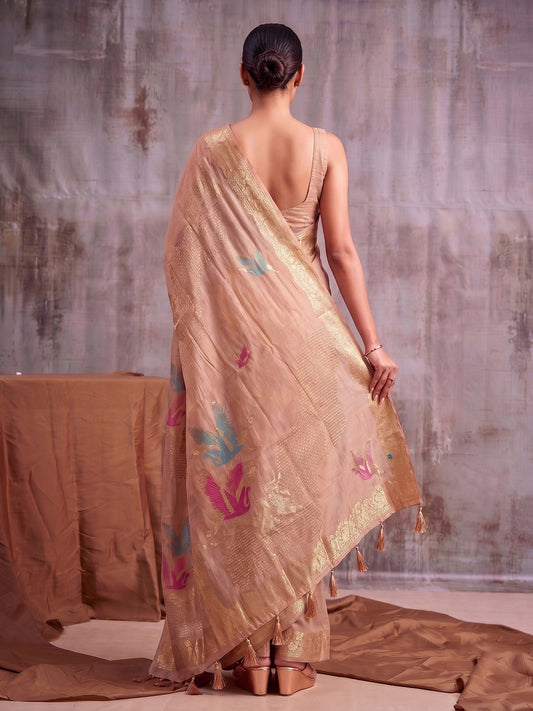 Beige Linen Cotton Banarasi Saree | EZB SI04 SUFLE1006