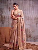Beige Linen Cotton Banarasi Saree | EZB SI04 SUFLE1006