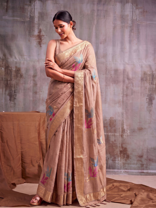 Beige Linen Cotton Banarasi Saree | EZB SI04 SUFLE1006