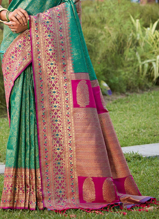 Rama Green Banarasi silk Saree with Blouse Piece  | EZBER