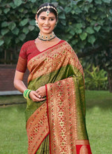 Mehandi Golden Banarasi Silk Brocade Saree | EZB SI04 SUGAU1004