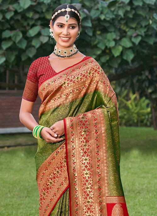 Mehandi Golden Banarasi Silk Brocade Saree | EZB SI04 SUGAU1004