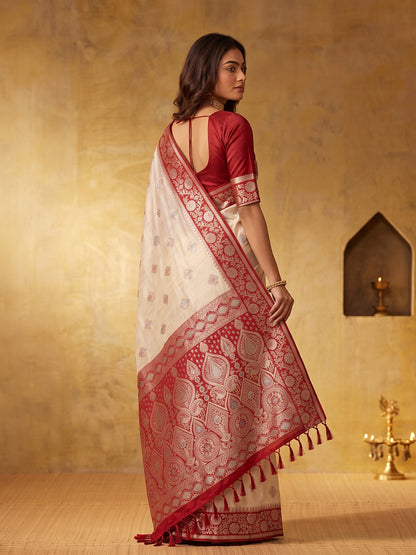 WHITE & RED Silk Blend Banarasi Brocade Saree | EZB SI04 SUGEE1001