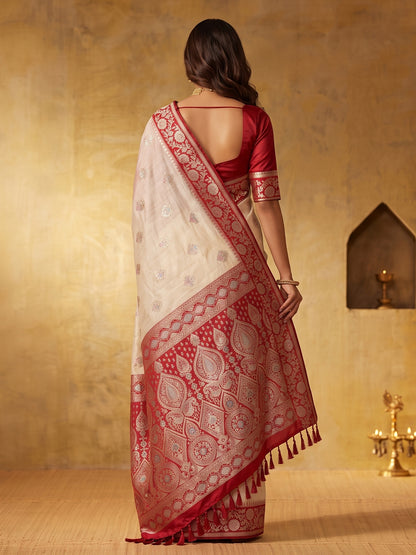 WHITE & RED Silk Blend Banarasi Brocade Saree | EZB SI04 SUGEE1001
