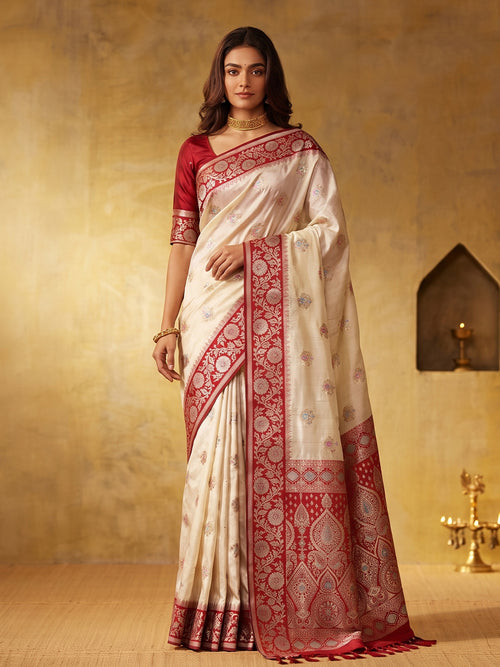 WHITE & RED Silk Blend Banarasi Brocade Saree | EZB SI04 SUGEE1001