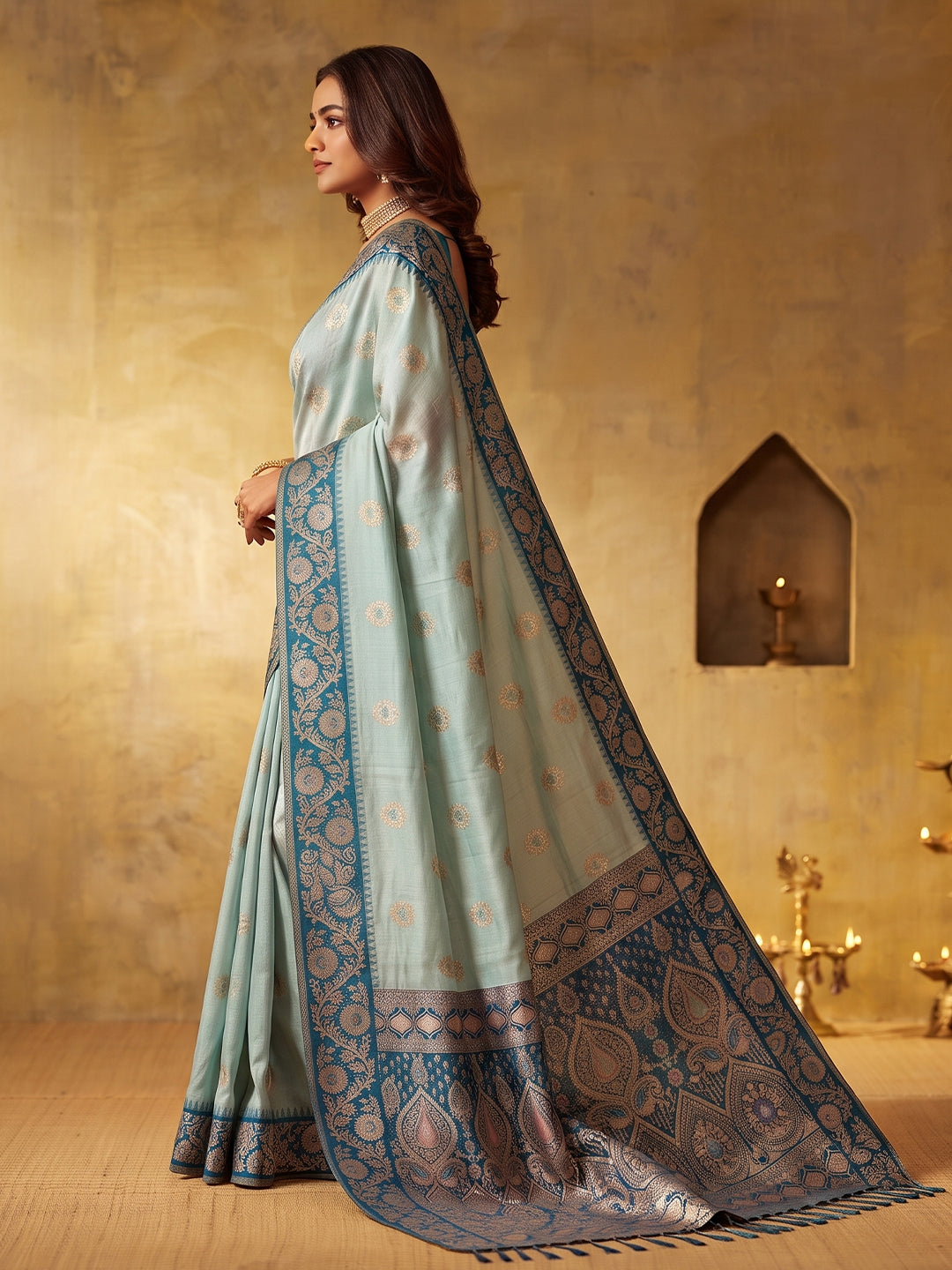 SKY BLUE & SKY BLUE Silk Blend Banarasi Brocade Saree | EZB SI04 SUGEE1002