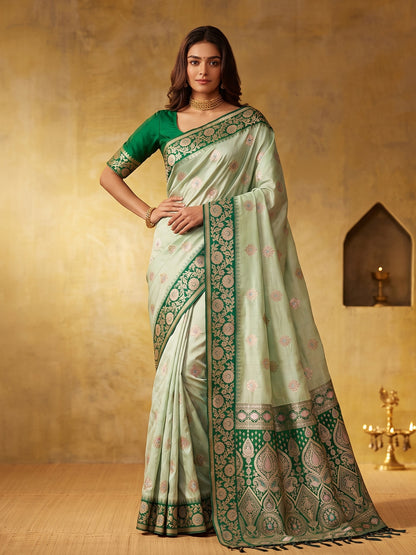 GREEN & GREEN Silk Blend Banarasi Brocade Saree | EZB SI04 SUGEE1004