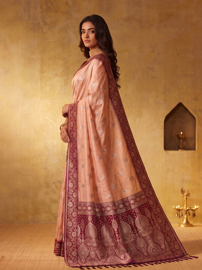 PEACH & RED Silk Blend Banarasi Brocade Saree | EZB SI04 SUGEE1005