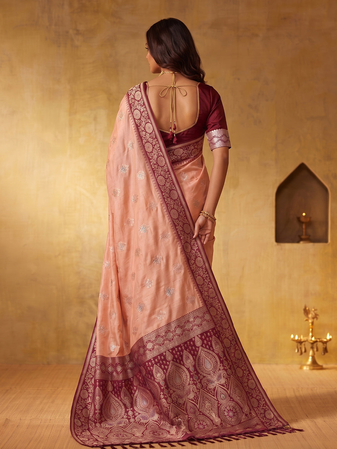 PEACH & RED Silk Blend Banarasi Brocade Saree | EZB SI04 SUGEE1005