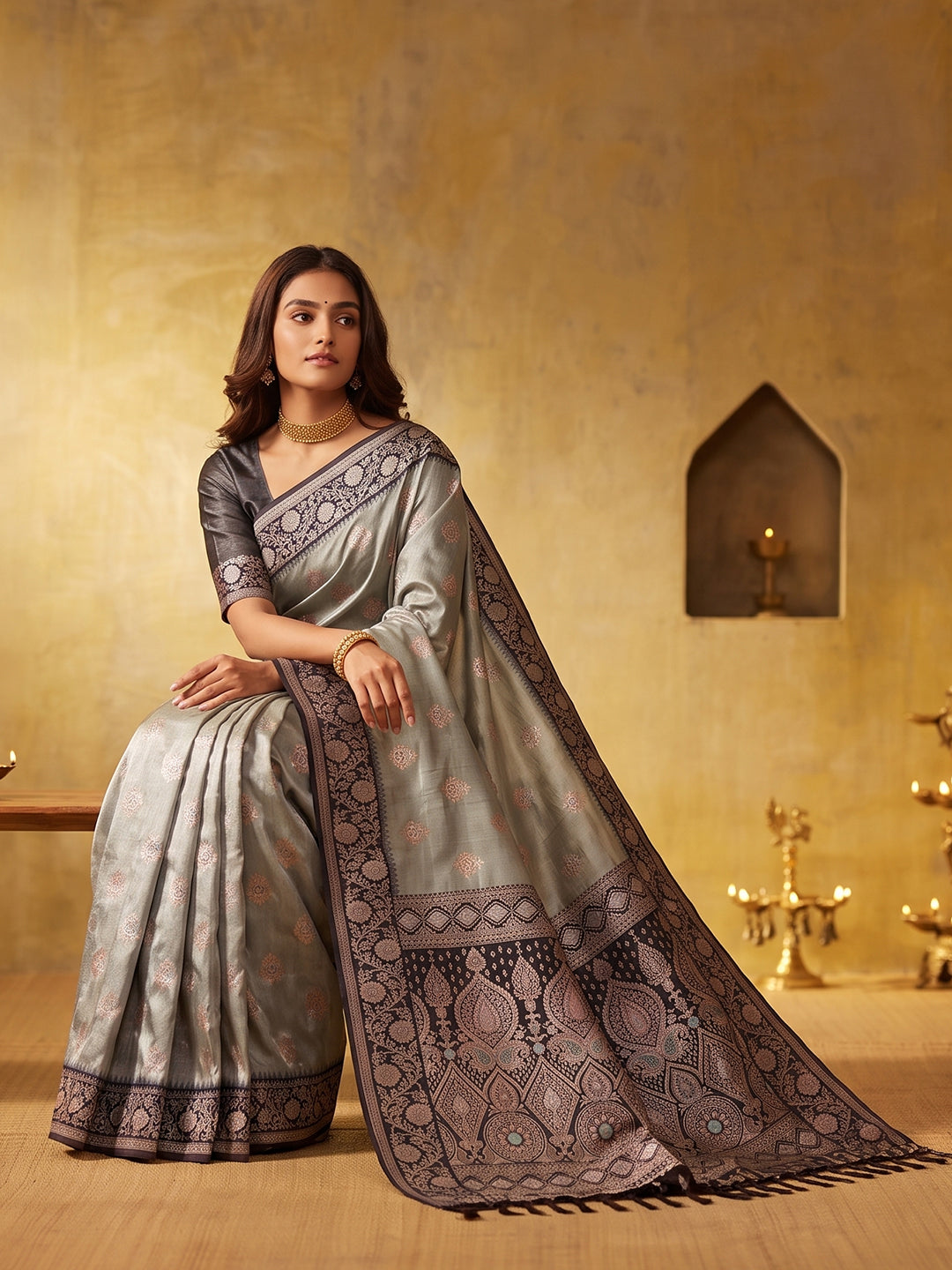 GRAY & DARK GRAY Silk Blend Banarasi Brocade Saree | EZB SI04 SUGEE1006