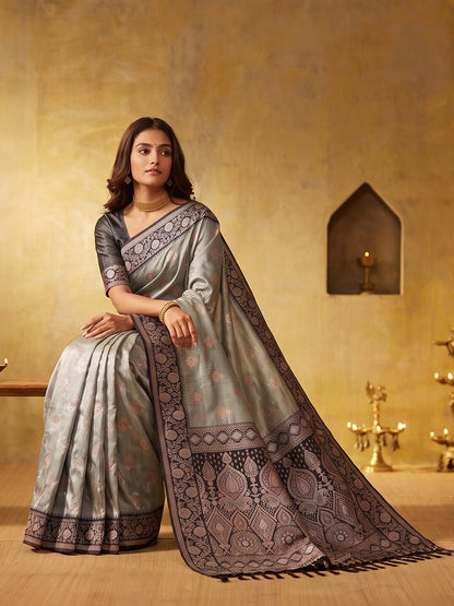 GRAY & DARK GRAY Silk Blend Banarasi Brocade Saree | EZB SI04 SUGEE1006