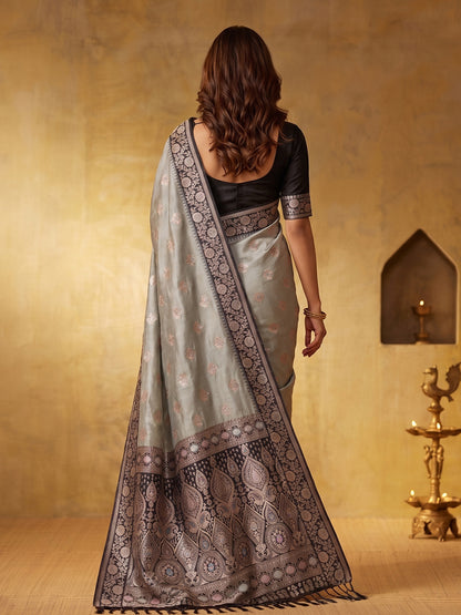 GRAY & DARK GRAY Silk Blend Banarasi Brocade Saree | EZB SI04 SUGEE1006