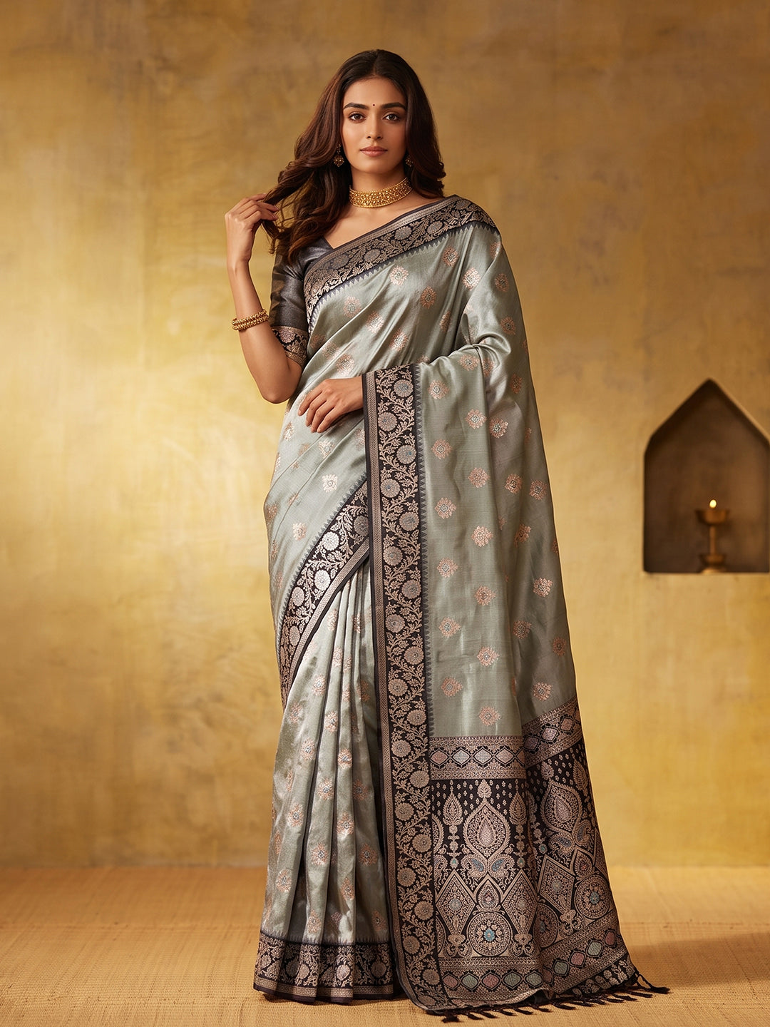 GRAY & DARK GRAY Silk Blend Banarasi Brocade Saree | EZB SI04 SUGEE1006