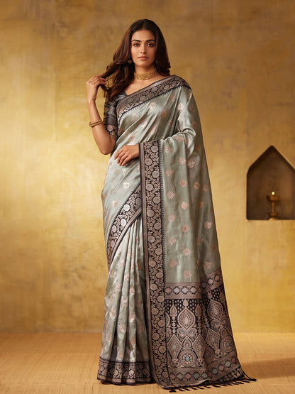 GRAY & DARK GRAY Silk Blend Banarasi Brocade Saree | EZB SI04 SUGEE1006