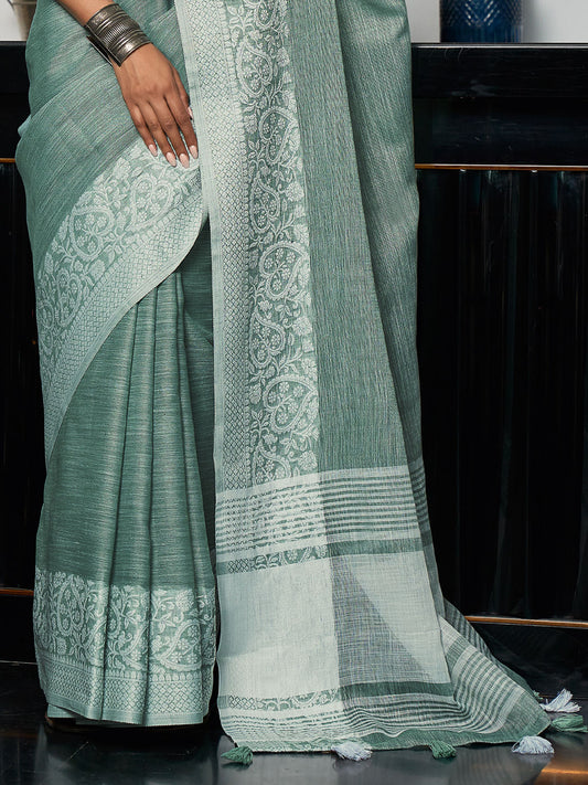 Linen Sea Green Brocade Saree With Blouse Piece