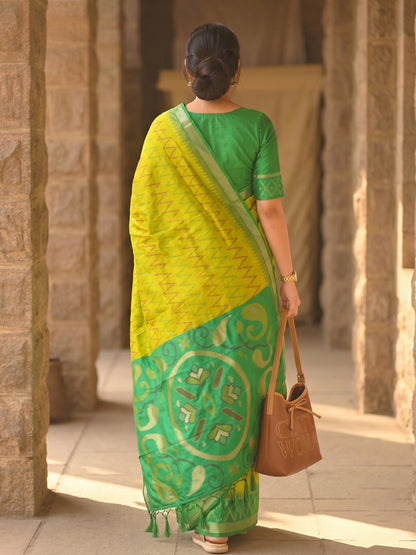 Yellow & Green Soft Silk Ikat Saree | EZB SI04 SUIDR1001