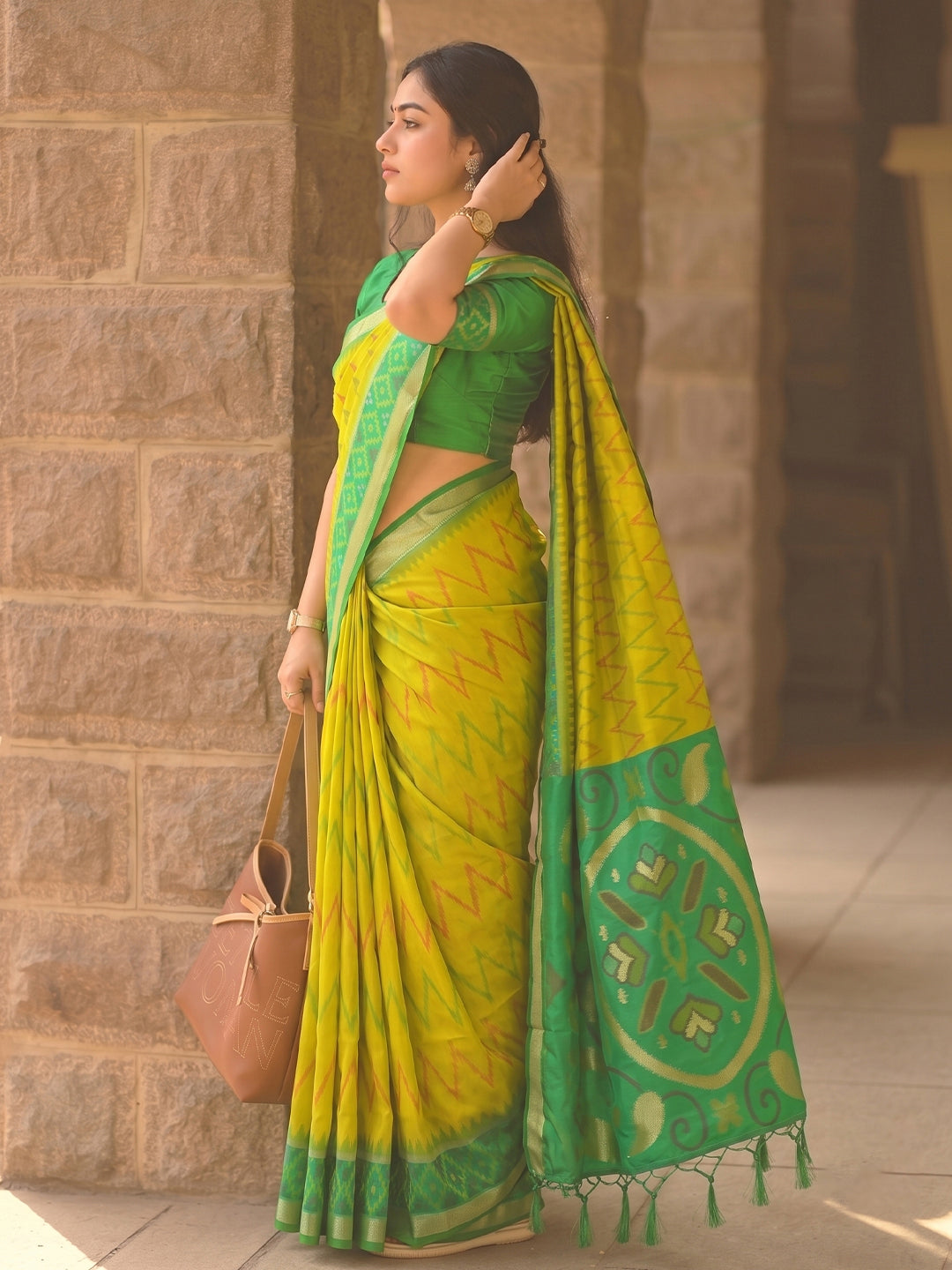 Yellow & Green Soft Silk Ikat Saree | EZB SI04 SUIDR1001