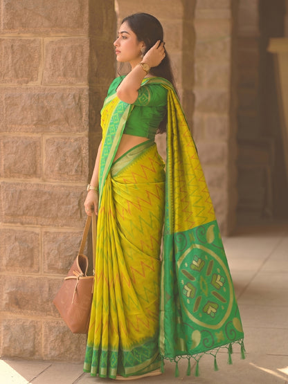 Yellow & Green Soft Silk Ikat Saree | EZB SI04 SUIDR1001