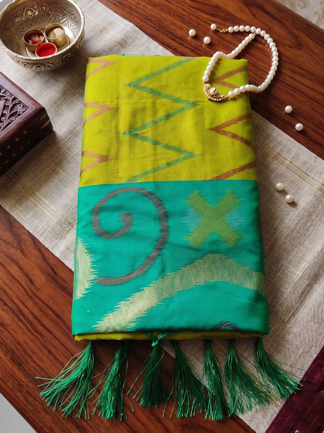 Yellow & Green Soft Silk Ikat Saree | EZB SI04 SUIDR1001