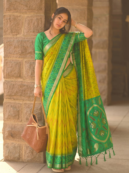 Yellow & Green Soft Silk Ikat Saree | EZB SI04 SUIDR1001
