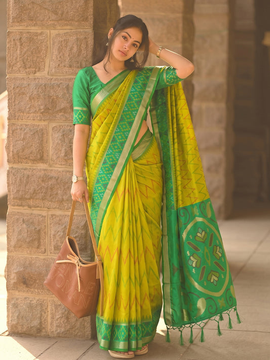 Yellow & Green Soft Silk Ikat Saree | EZB SI04 SUIDR1001