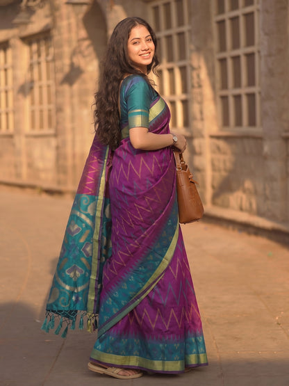 Purple & Teal Soft Silk Ikat Saree | EZB SI04 SUIDR1002
