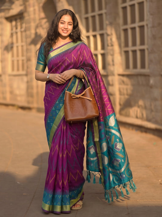 Purple & Teal Soft Silk Ikat Saree | EZB SI04 SUIDR1002