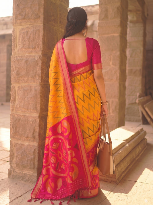 Mustard & Pink Soft Silk Ikat Saree | EZB SI04 SUIDR1003