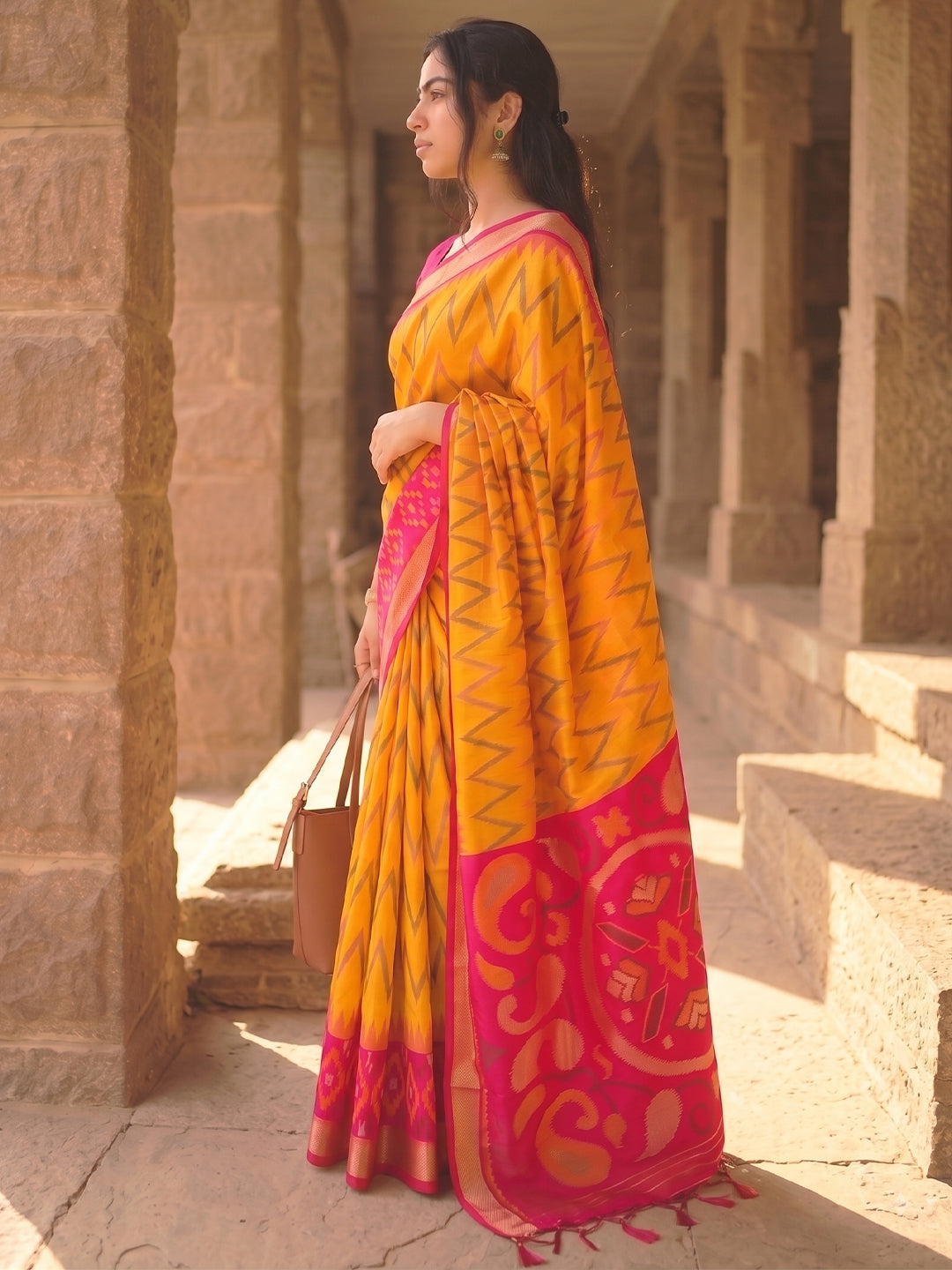 Mustard & Pink Soft Silk Ikat Saree | EZB SI04 SUIDR1003