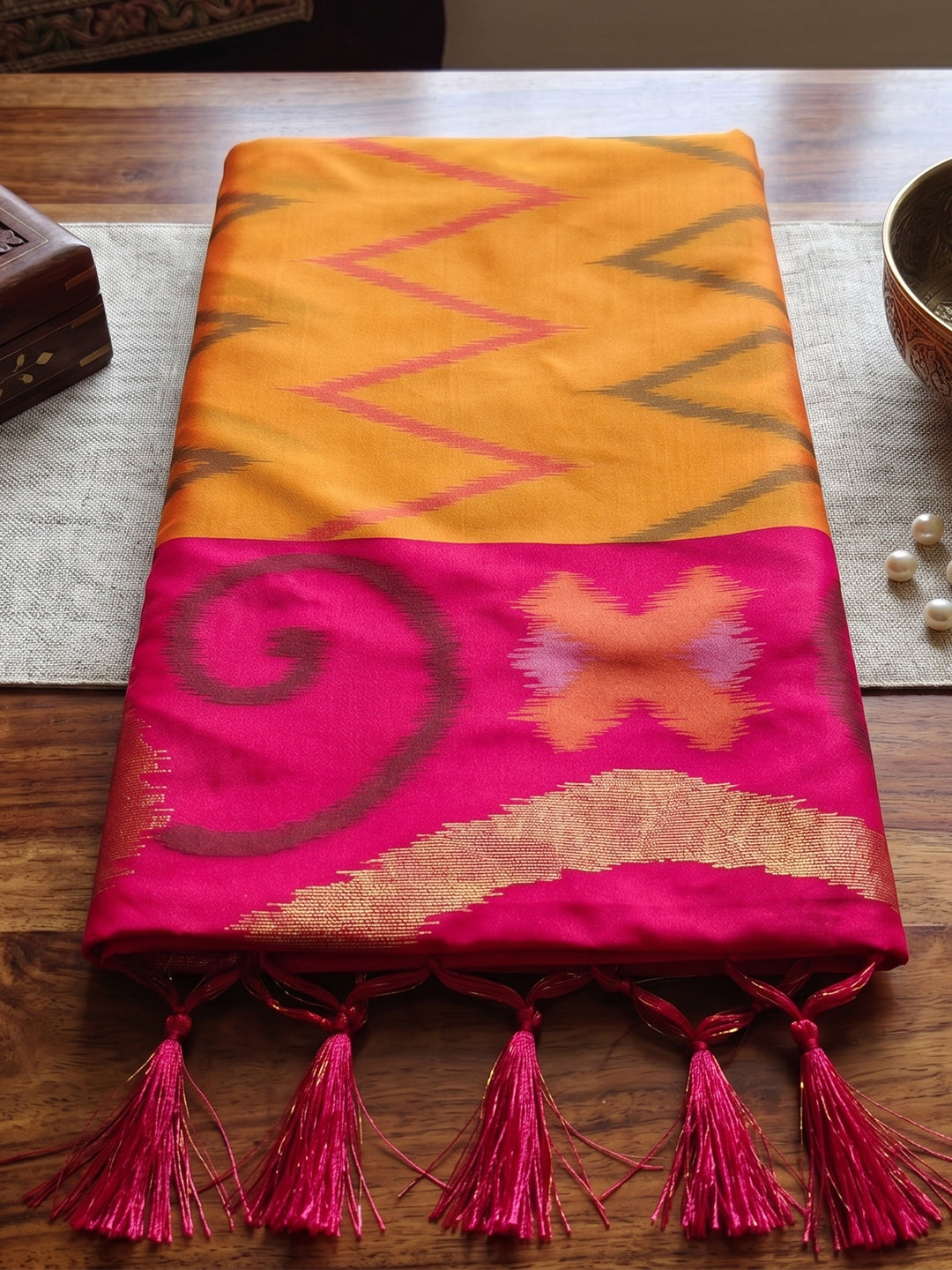 Mustard & Pink Soft Silk Ikat Saree | EZB SI04 SUIDR1003