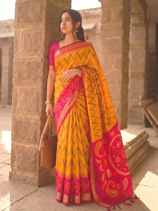 Mustard & Pink Soft Silk Ikat Saree | EZB SI04 SUIDR1003
