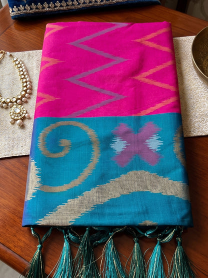 Pink & Teal Soft Silk Ikat Saree | EZB SI04 SUIDR1004