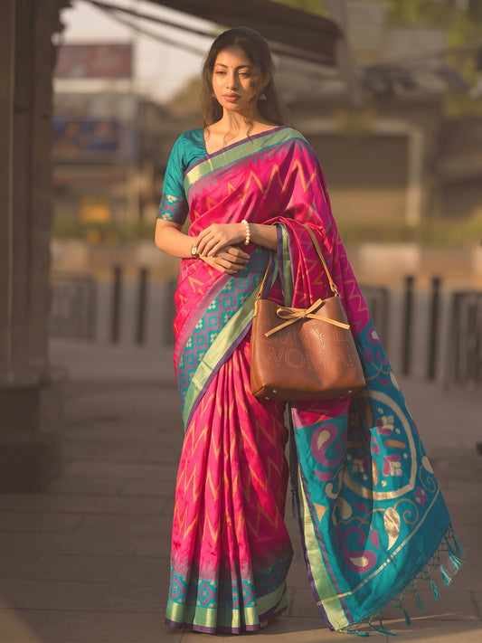 Pink & Teal Soft Silk Ikat Saree | EZB SI04 SUIDR1004