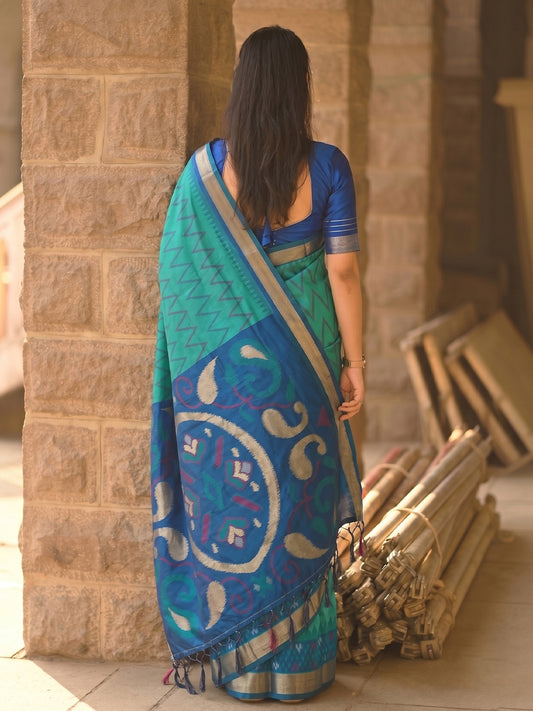 Green & Blue Soft Silk Ikat Saree | EZB SI04 SUIDR1005