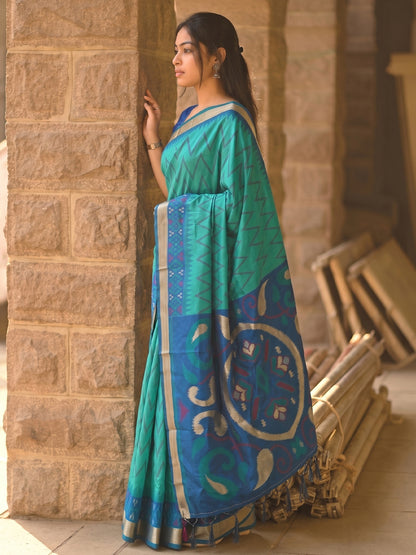 Green & Blue Soft Silk Ikat Saree | EZB SI04 SUIDR1005