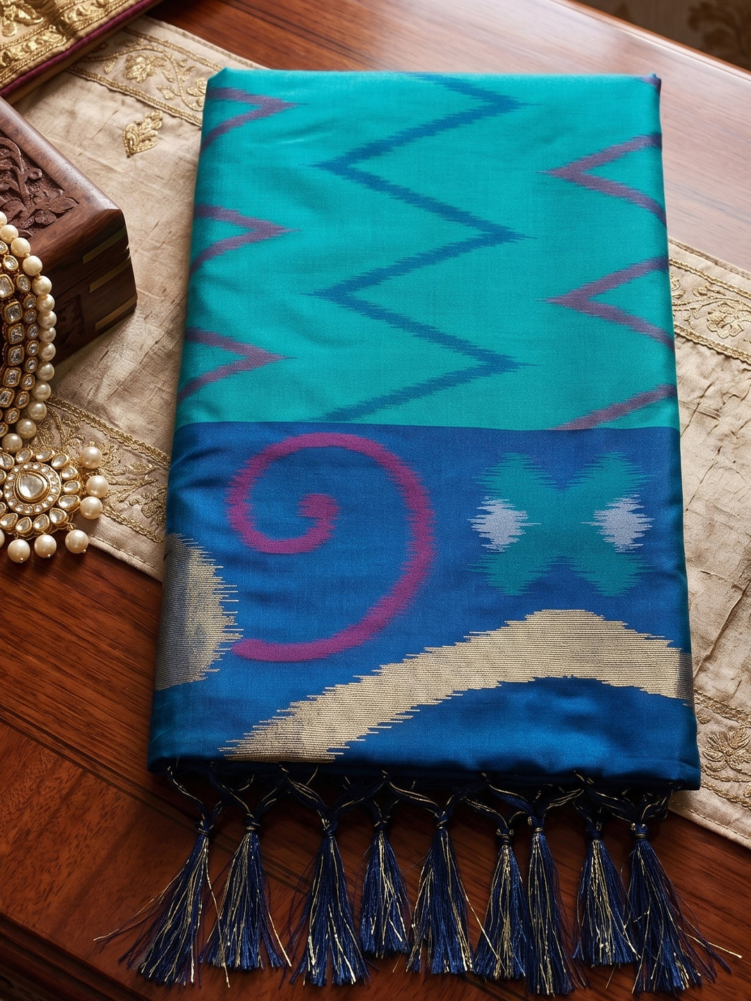 Green & Blue Soft Silk Ikat Saree | EZB SI04 SUIDR1005