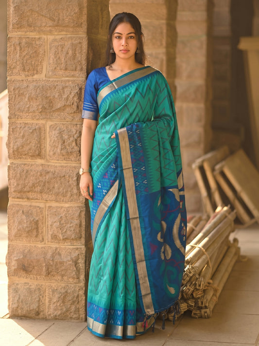Green & Blue Soft Silk Ikat Saree | EZB SI04 SUIDR1005