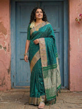 Dark Green Silk Blend Brocade Saree | EZB SI04 SUKAN3004
