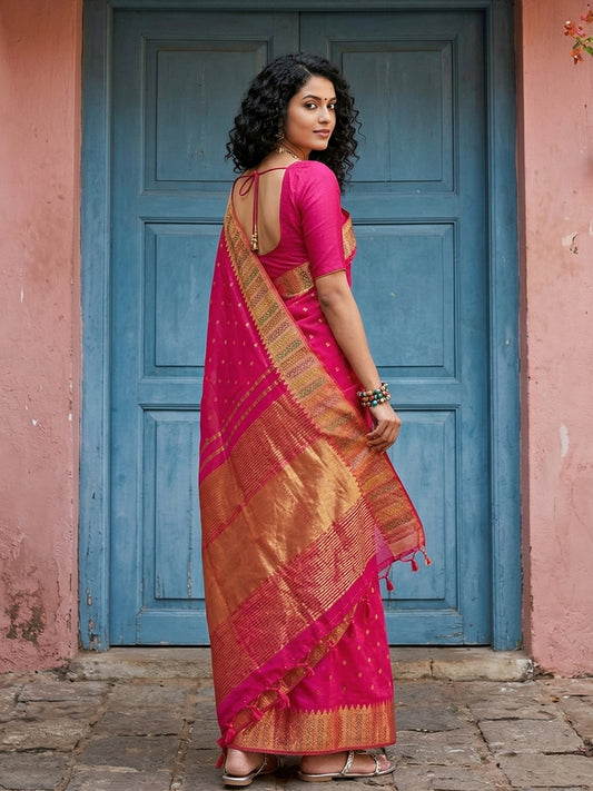 Silk Blend Pink Brocade Saree With Blouse Piece
