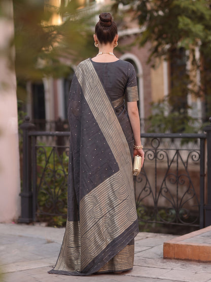 Black Cotton Blend Brocade Pallu Saree | EZB SI04 SUKAT1001