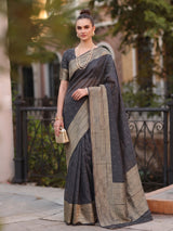 Black Cotton Blend Brocade Pallu Saree | EZB SI04 SUKAT1001